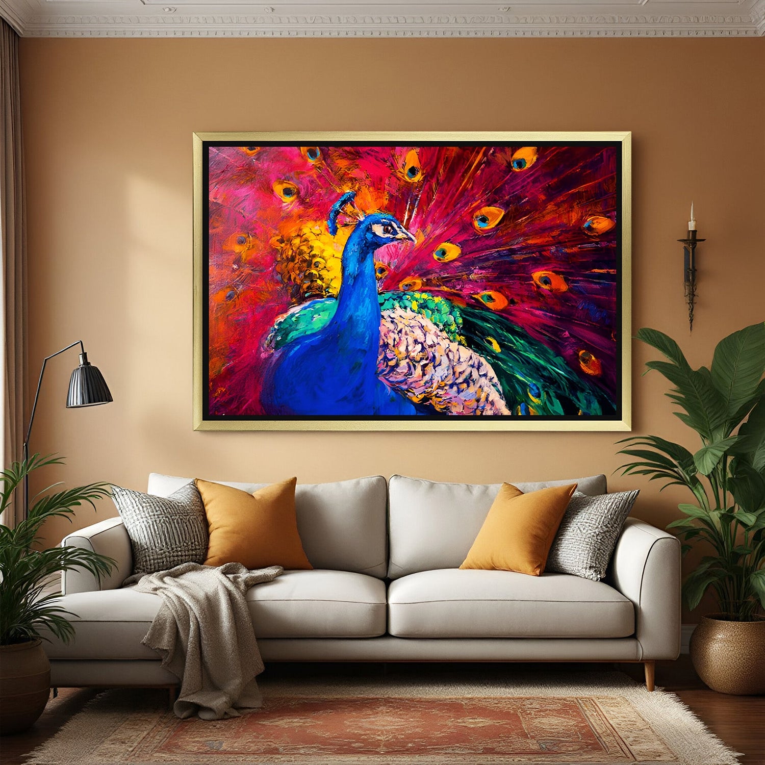 Golden floater frame Peacock Vastu canvas wall art for home and office, bringing spiritual grace and decorative elegance