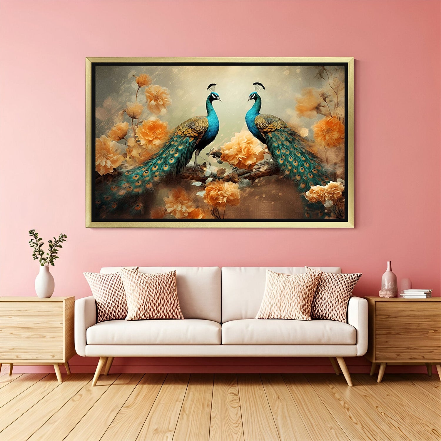 Peacock Vastu wall art in golden floater frame with two peacocks, ideal for couple bedroom Vastu decor and love attraction