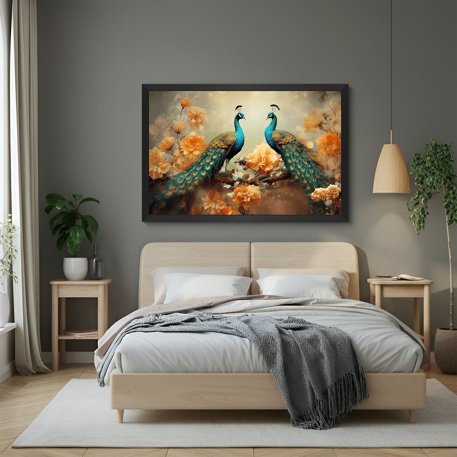 Peacock Vastu canvas wall painting in black floater frame for couple bedroom decor and Vastu placement