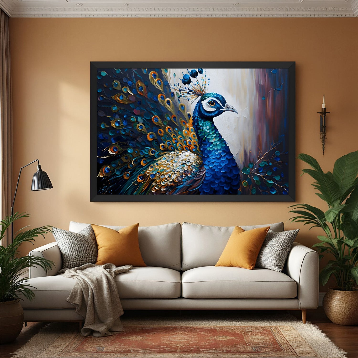 peacock vastu wall painting in black floater frame for elegant home and office decor to attract prosperity and spiritual harmony