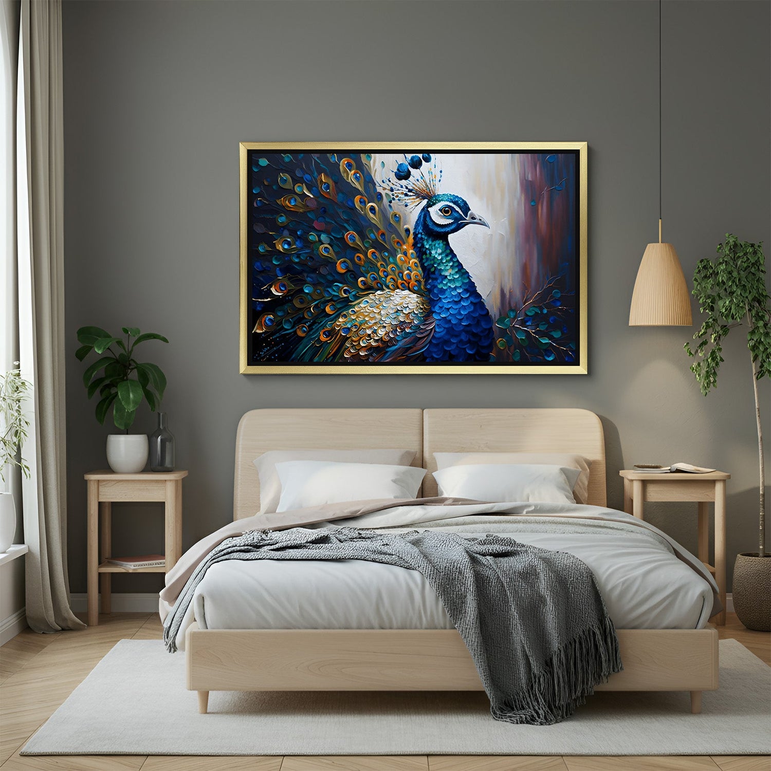 peacock vastu wall painting in golden floater frame for home and office spaces to enhance beauty peace and vastu balance