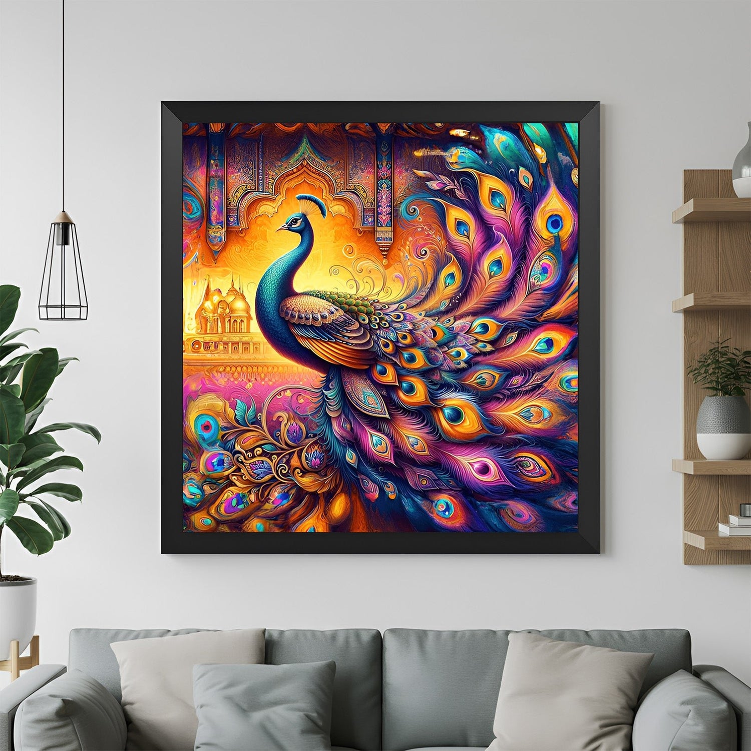 Peacock wall art with black floater frame for Vastu-friendly office decor that invites success and positive energy