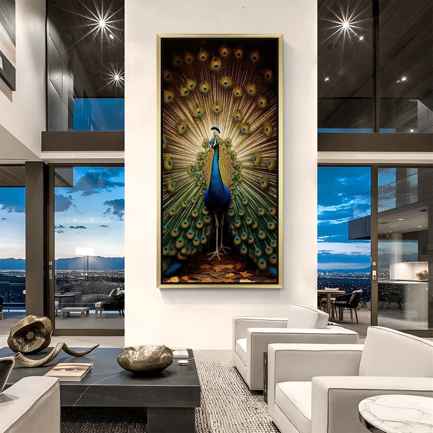 Golden floater frame Peacock Vastu Wall Art for stylish and spiritual home decor, radiating grace and positive energy