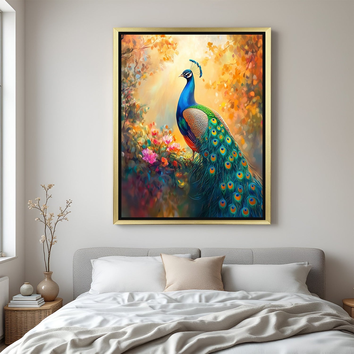 Golden frame peacock vastu canvas artwork for prosperity, abundance, and elegant energy flow in home or office decor