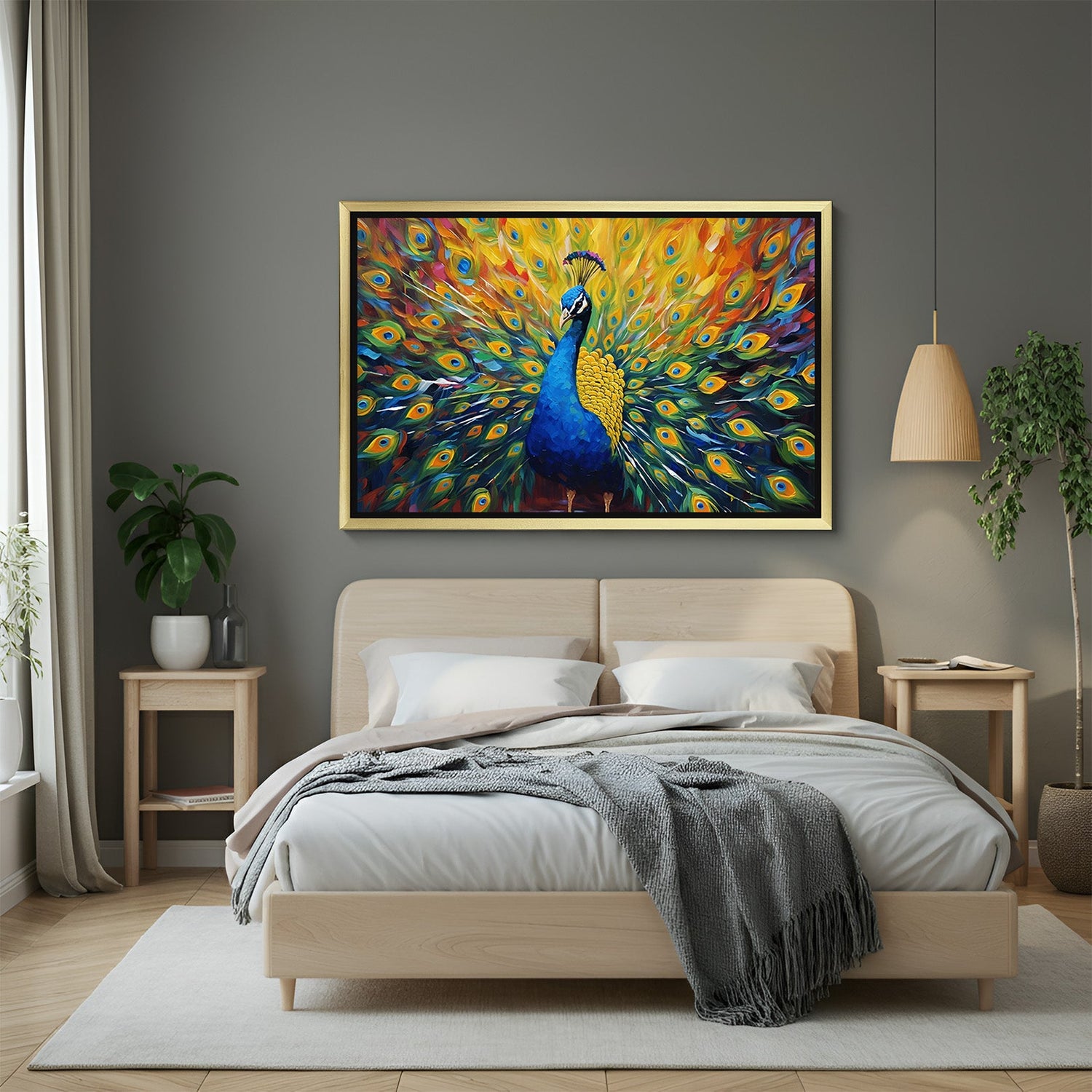 vastu peacock wall painting in golden floater frame for spiritual home and office decor to invite grace peace and positive energy
