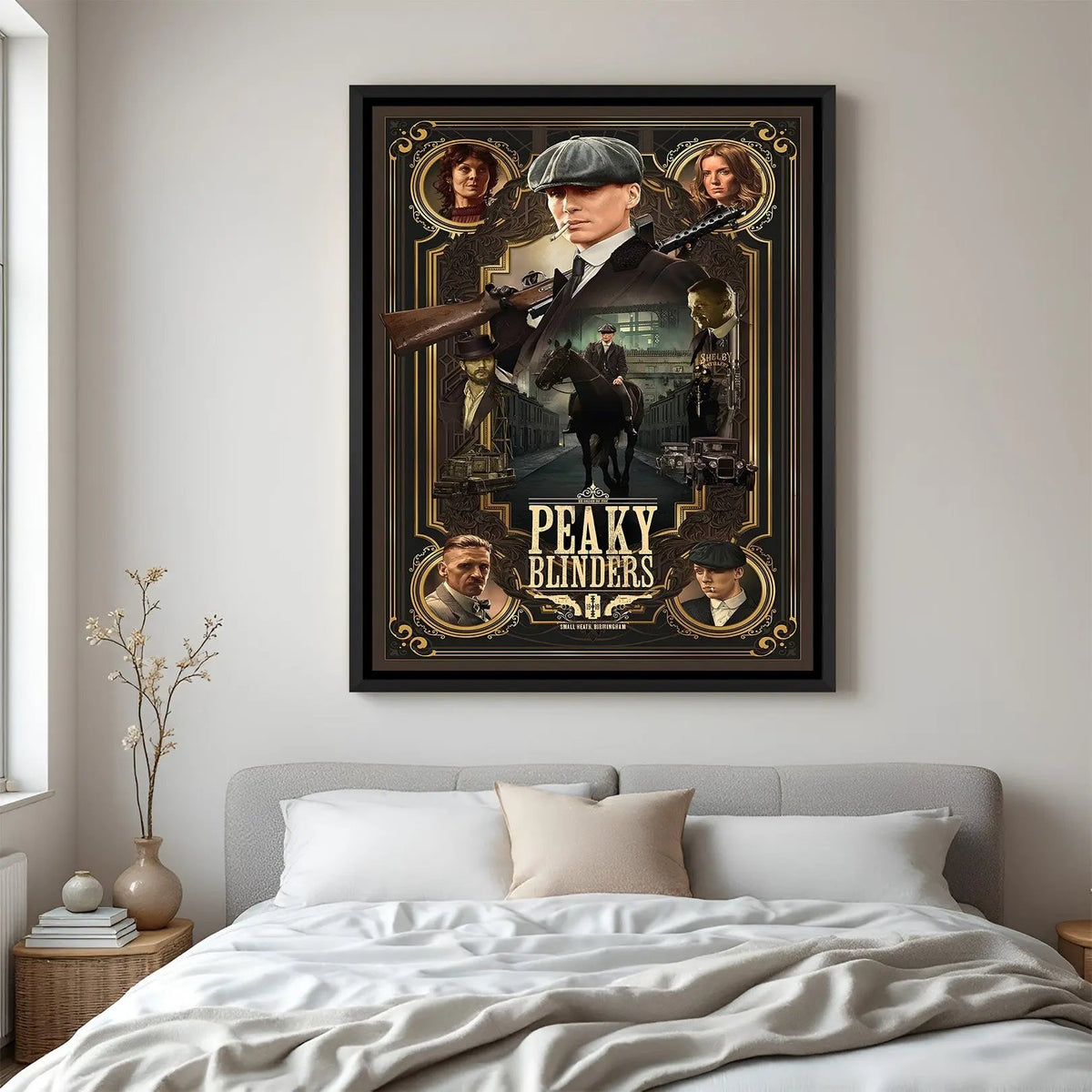 Peaky Blinders motivational wall art in elegant black floater frame featuring Shelby family inspired cinematic design