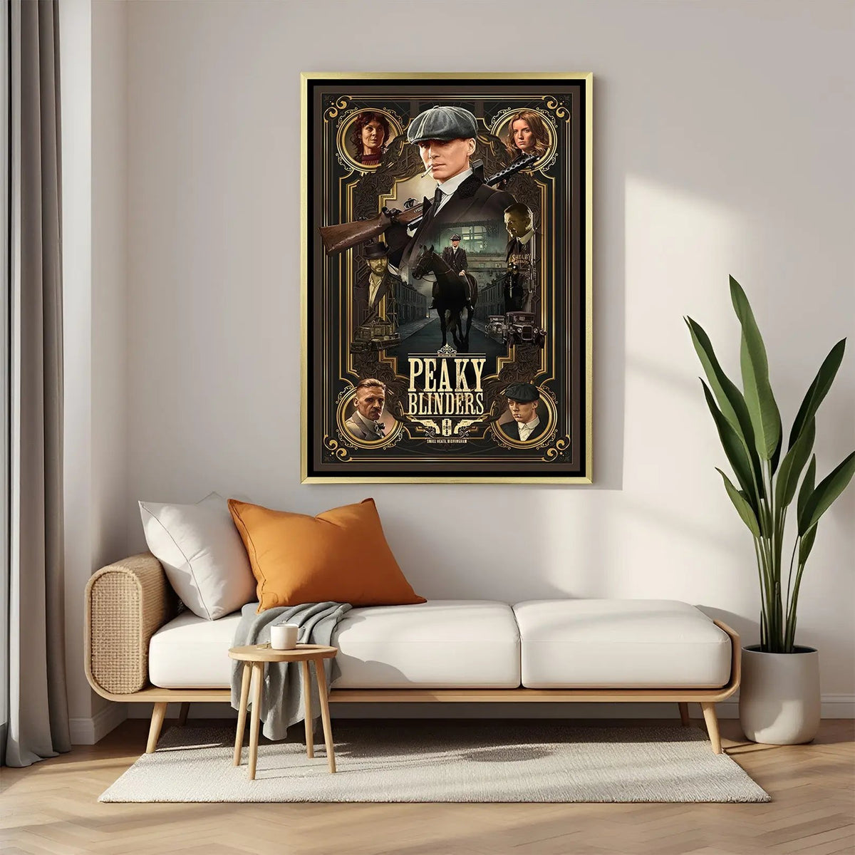Shelby family Peaky Blinders canvas artwork in luxury golden floater frame with dramatic dark aesthetic