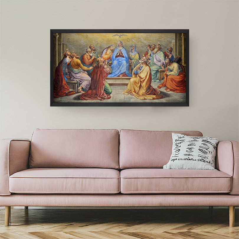 Black-framed religious canvas depicting Pentecost—ancient-style painting with biblical power and vintage beauty