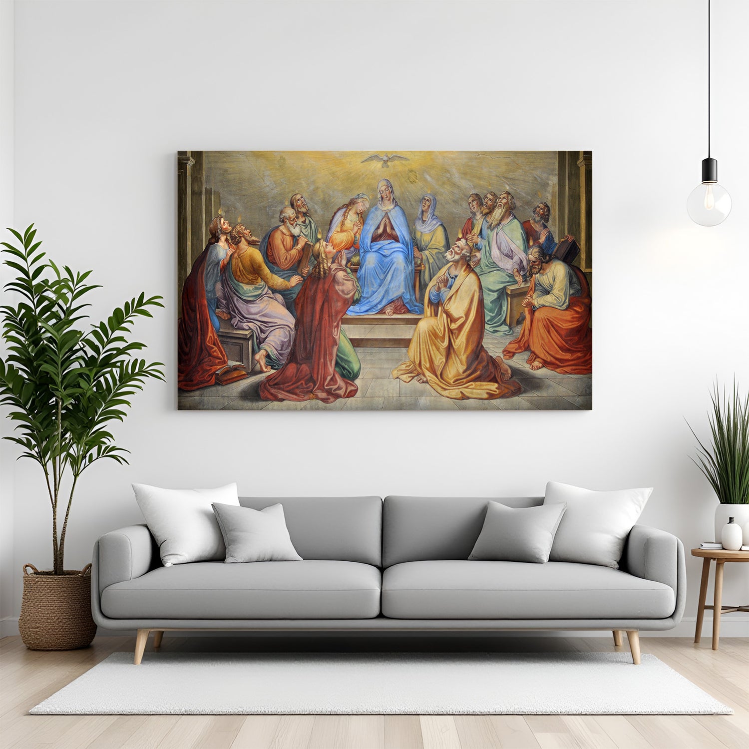 Vintage wall art of the Pentecost scene—Holy Spirit descending as tongues of fire on disciples with classical aged effect
