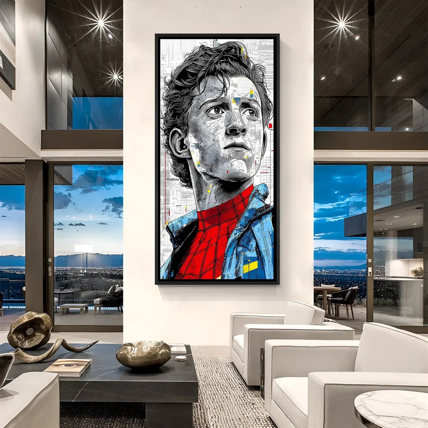 Peter Parker cinematic close-up artwork in elegant black floater frame for modern interiors