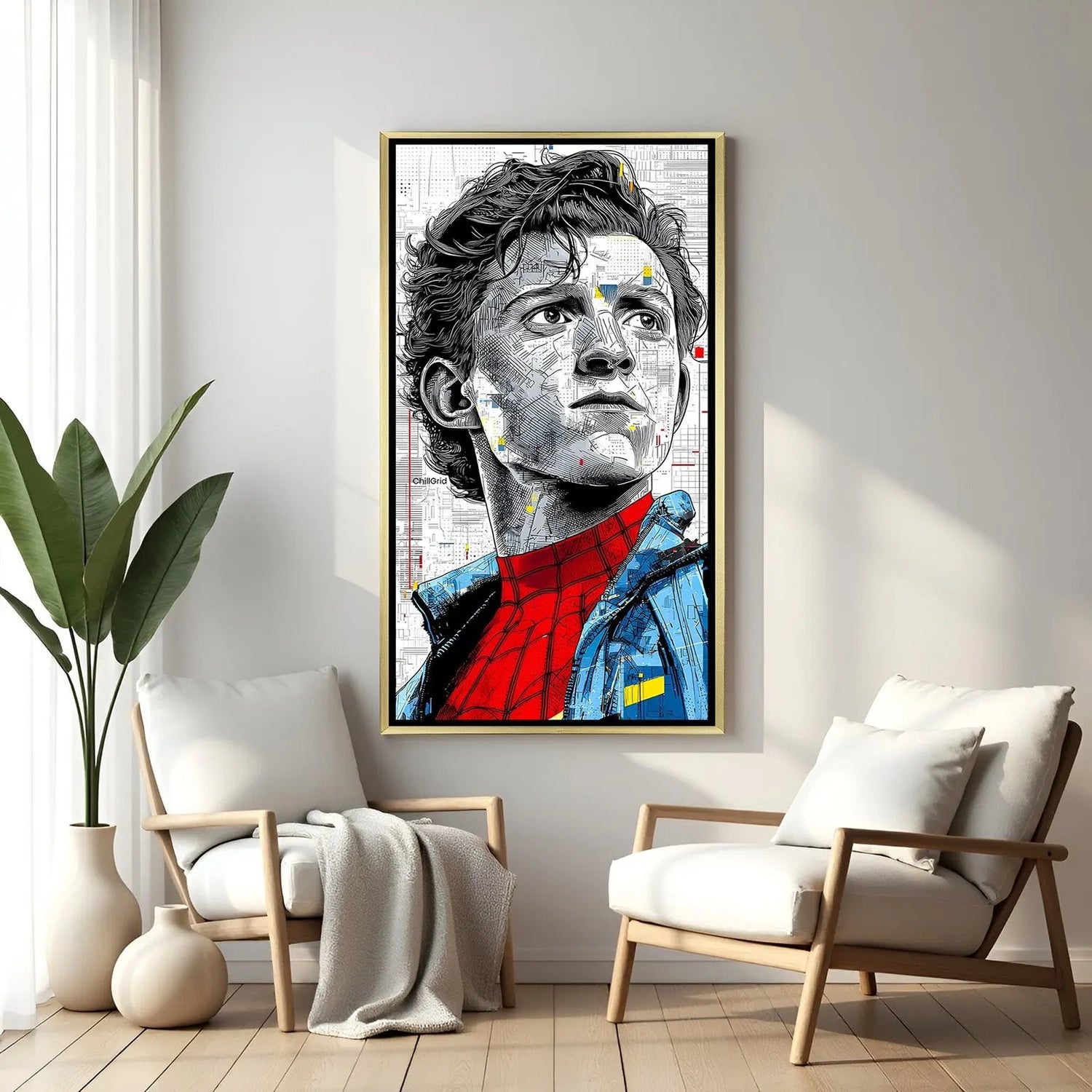 Peter Parker Marvel-inspired close-up artwork in luxury golden floater frame
