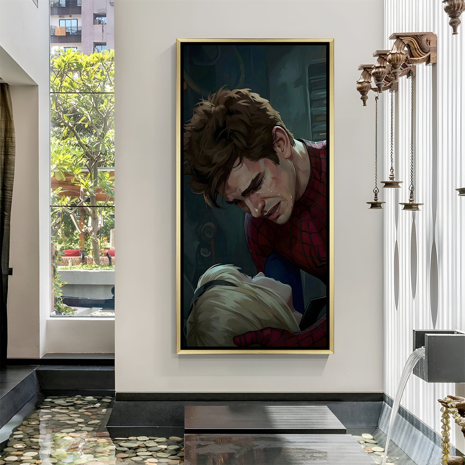 Peter Parker emotional Marvel artwork with Gwen Stacy in luxury golden floater frame