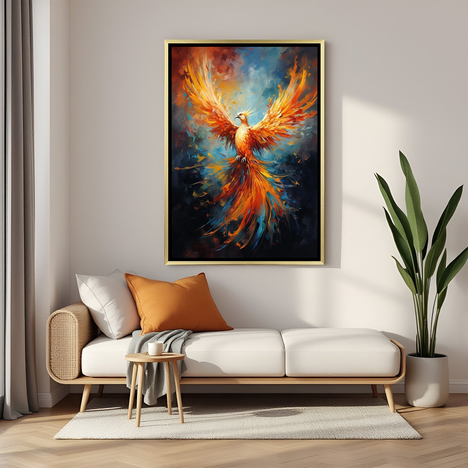 Hand-painted phoenix bird canvas wall art in warm fiery colors, in golden floater frame, perfect for Vastu wall decor, bringing courage and transformation