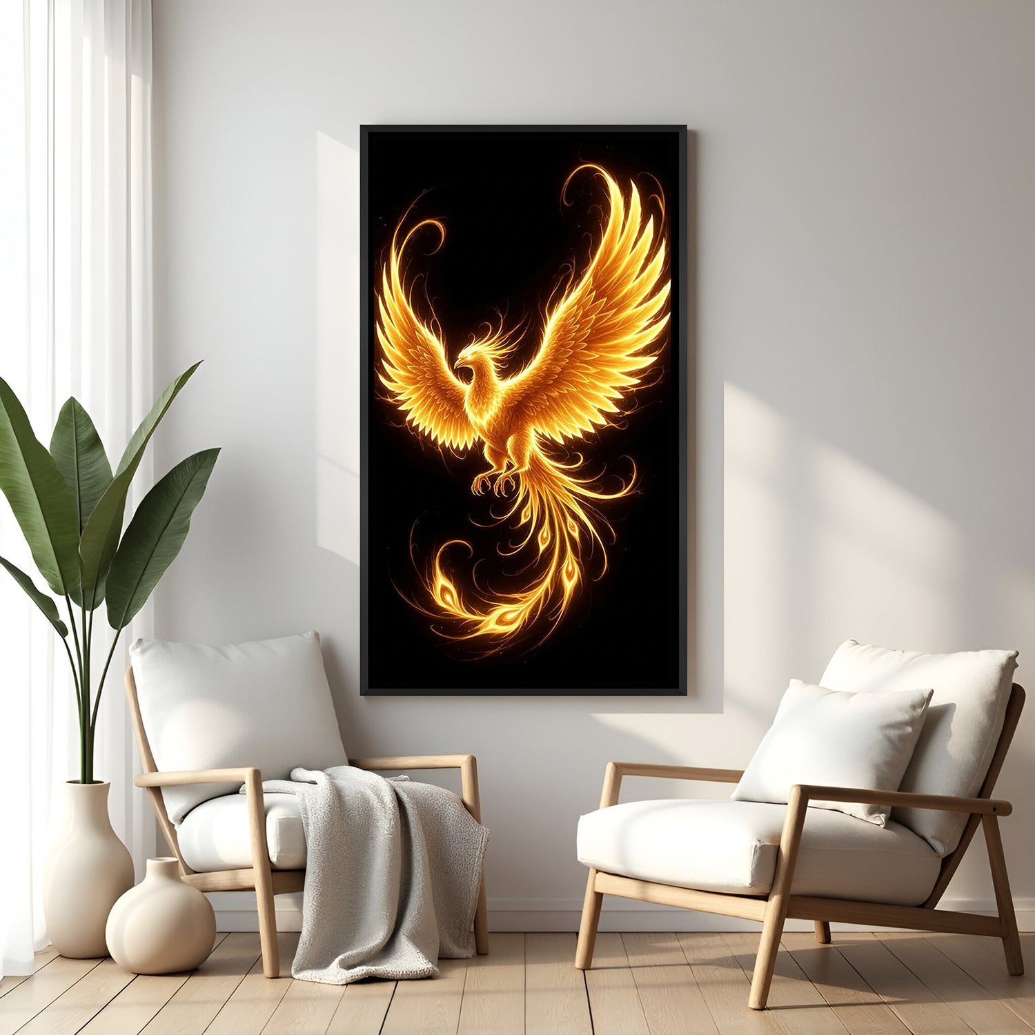 phoenix rising artwork in black floater frame representing courage motivation and sophisticated modern wall decor
