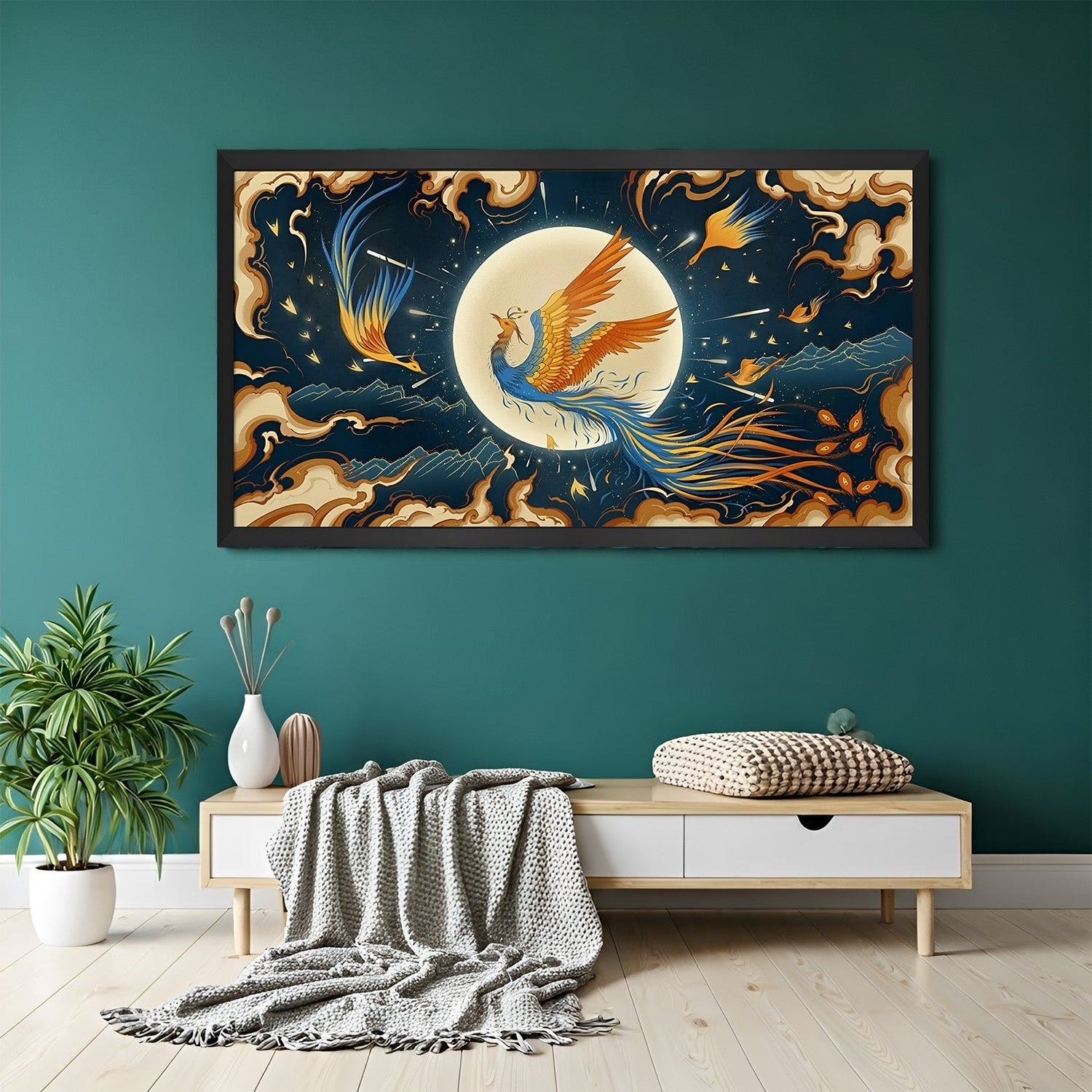 Phoenix canvas painting in black floater frame for bold, motivational, and Vastu-aligned interior decor