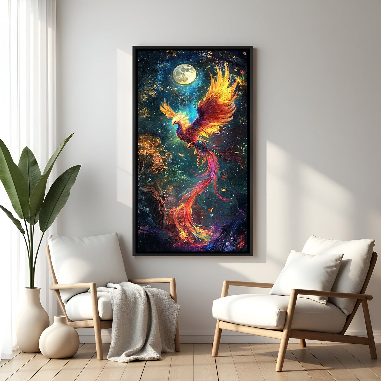 elegant phoenix rising artwork in black floater frame for motivation strength and powerful vastu-inspired interior styling