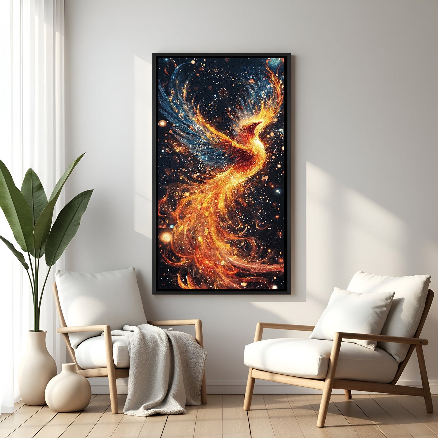 elegant phoenix wall art in black floater frame representing courage motivation and modern home decor