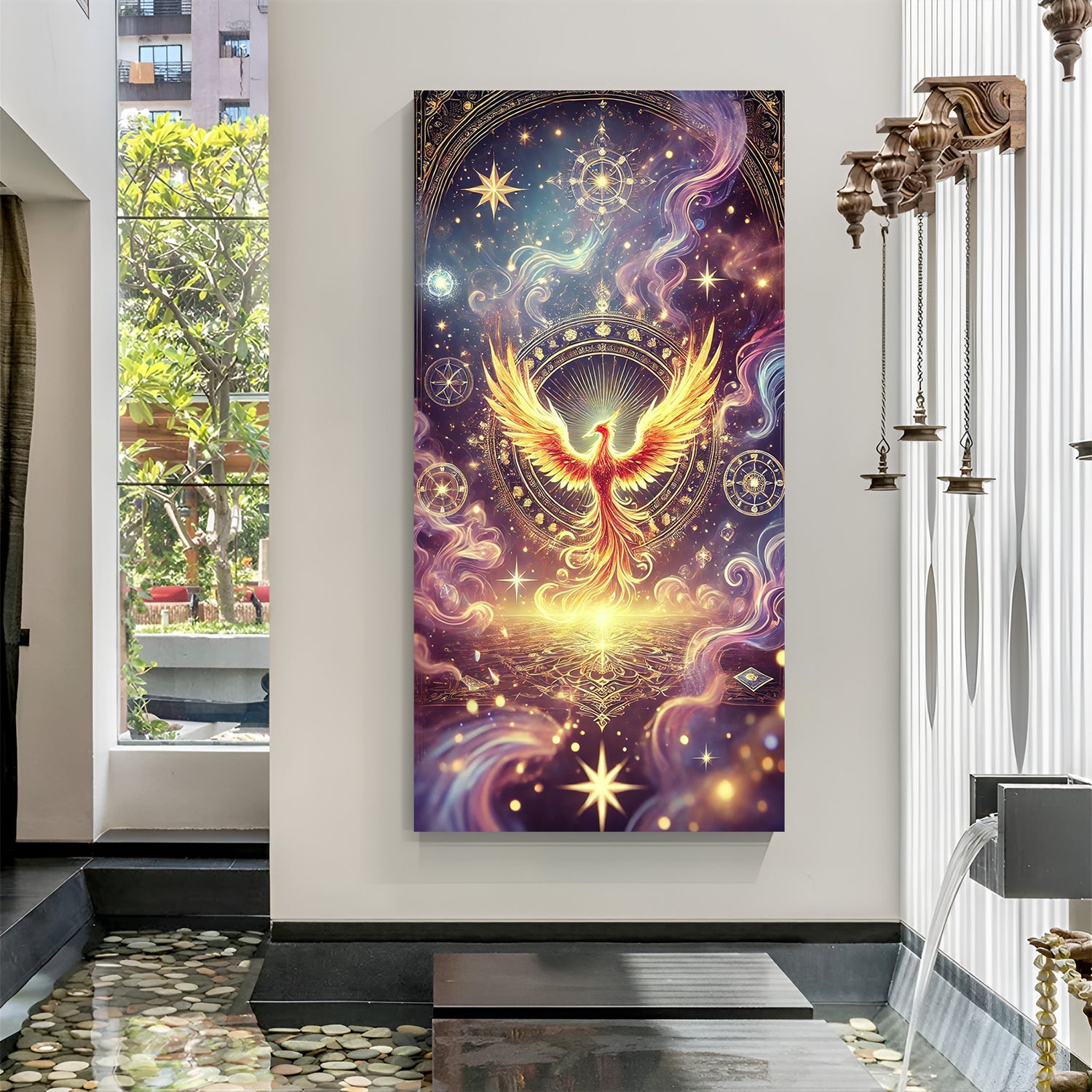 phoenix rising canvas artwork symbolizing hope rebirth healing and inner strength in warm golden and celestial tones