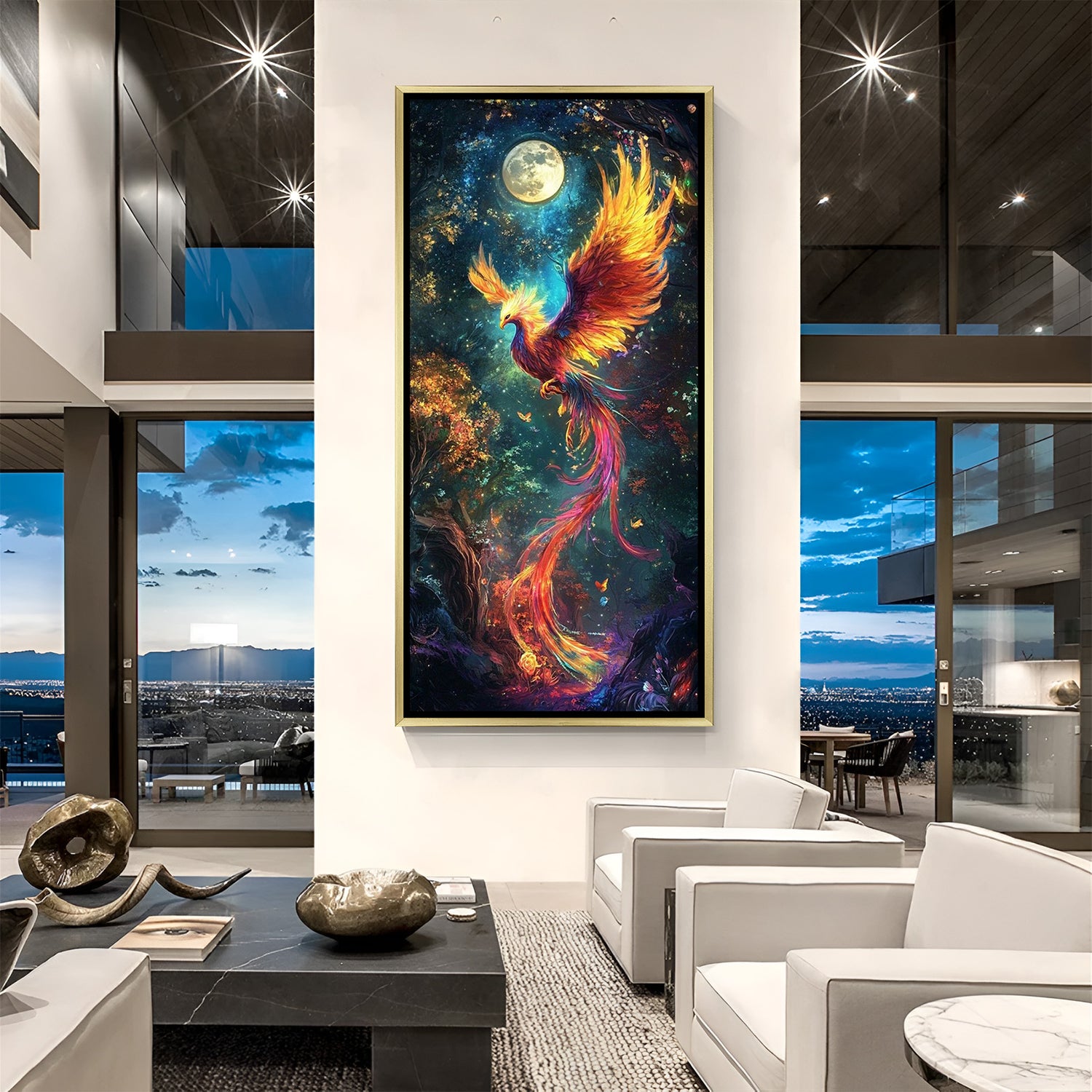 premium golden framed phoenix canvas artwork representing emotional transformation success energy and luxurious home decor