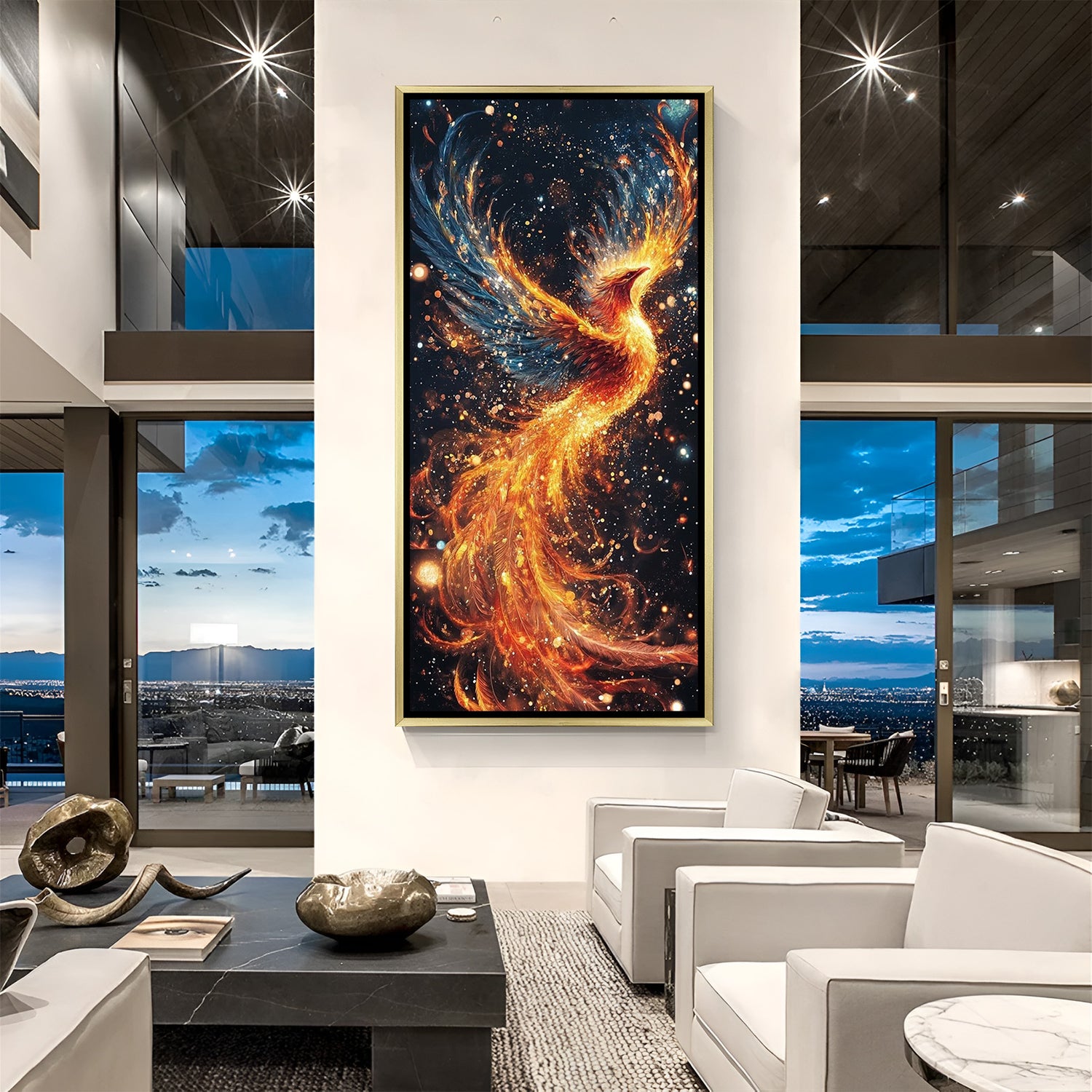 premium golden framed phoenix canvas artwork symbol of new beginnings spiritual growth and luxury home decor