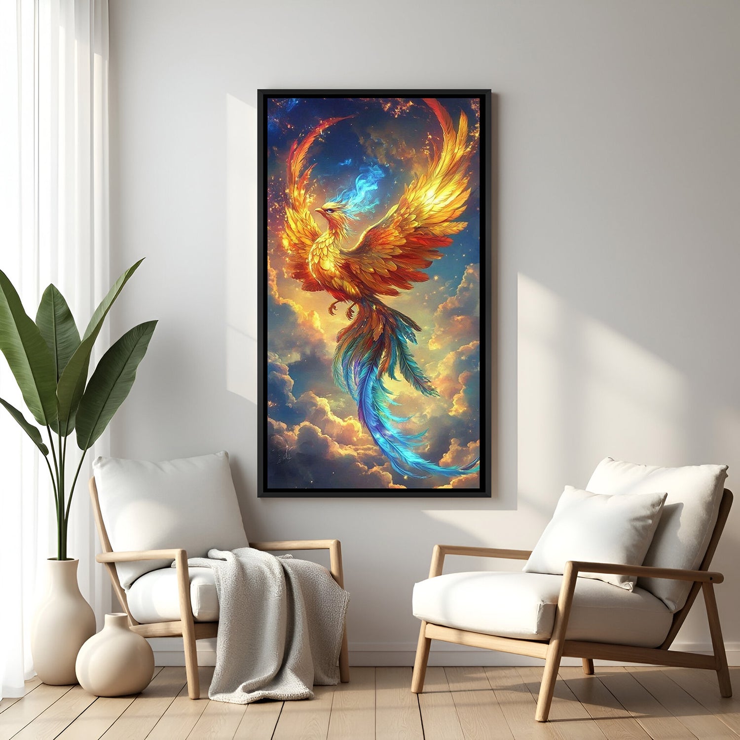 phoenix rising wall art with black floater frame bringing transformative energy inspiration and vastu harmony to home interiors