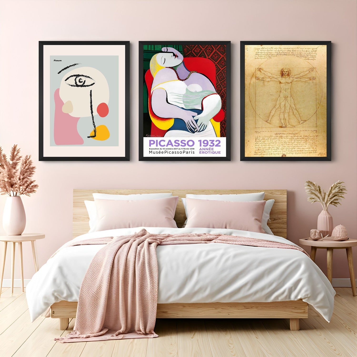 Wall display of a set of 3 artistic canvas prints featuring Picasso’s minimal face, abstract love faces, and Leonardo da Vinci’s Vitruvian Man for creative home interiors