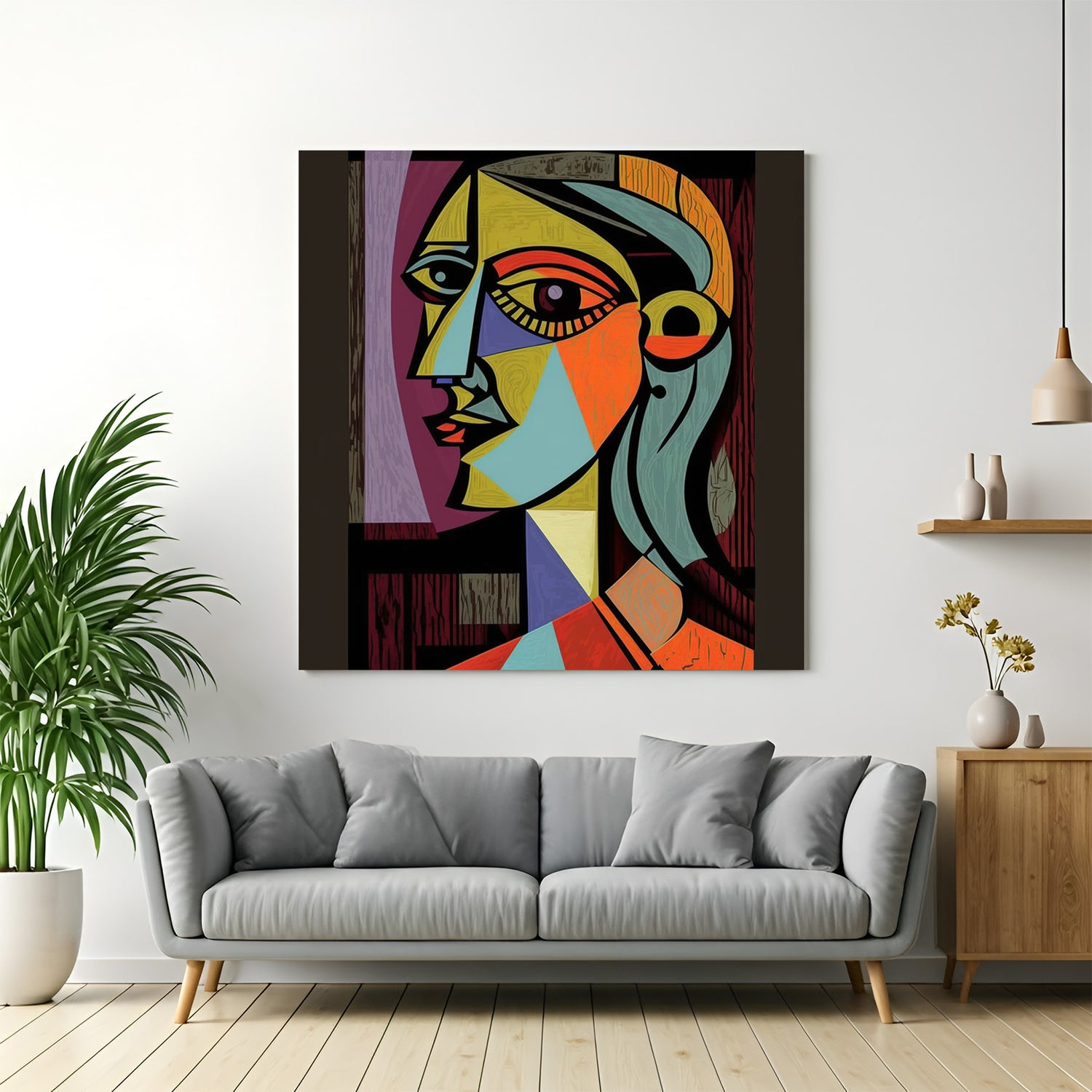 Picasso-style female abstract wall art – geometric canvas of woman’s face in bold cubism-inspired design