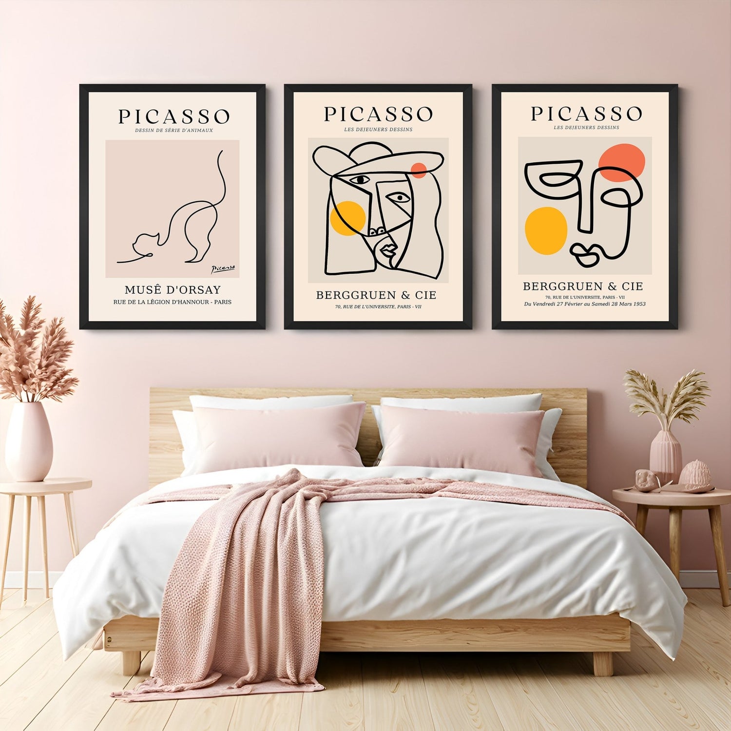 Wall display of a set of 3 minimalist line art canvas prints inspired by Pablo Picasso, featuring continuous line drawings for elegant and creative home decor