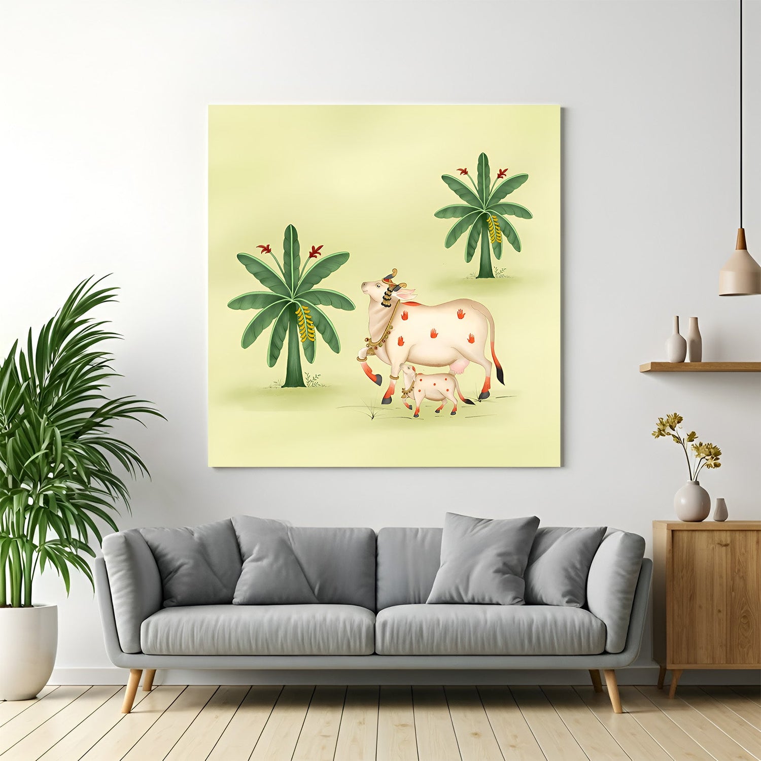 Pichwai canvas art with cow and banana tree for traditional Indian home wall decor