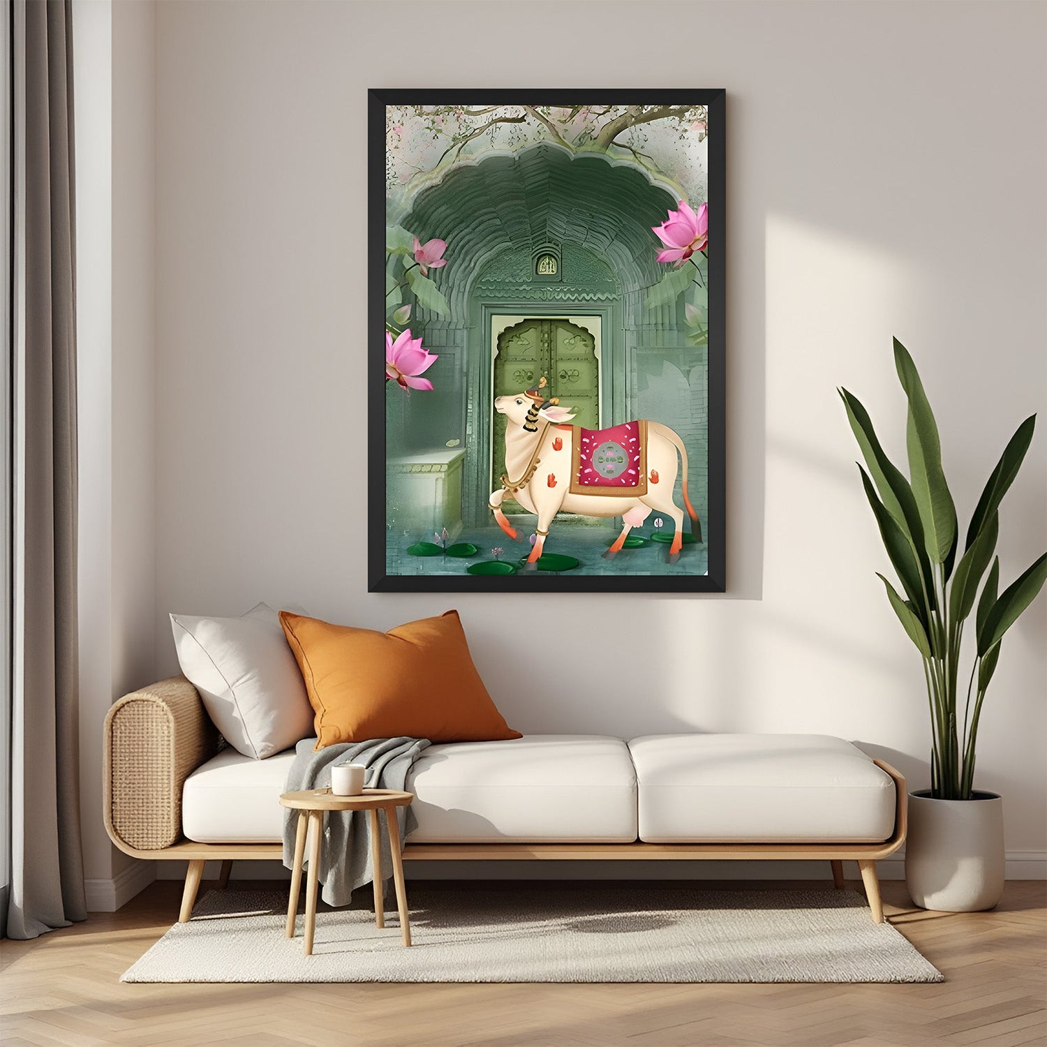 Pichwai cow wall art in black floater frame for elegant Indian interiors