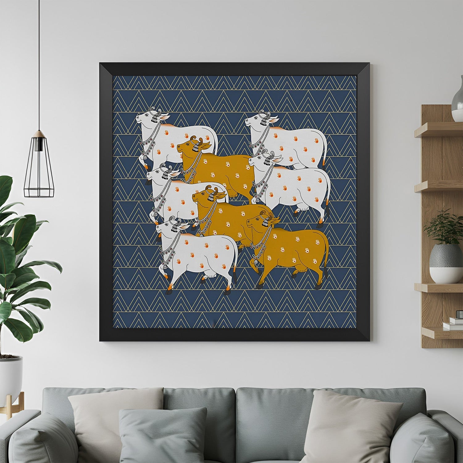 Black frame Pichwai cow canvas wall art – traditional Indian painting for spiritual and artistic interiors