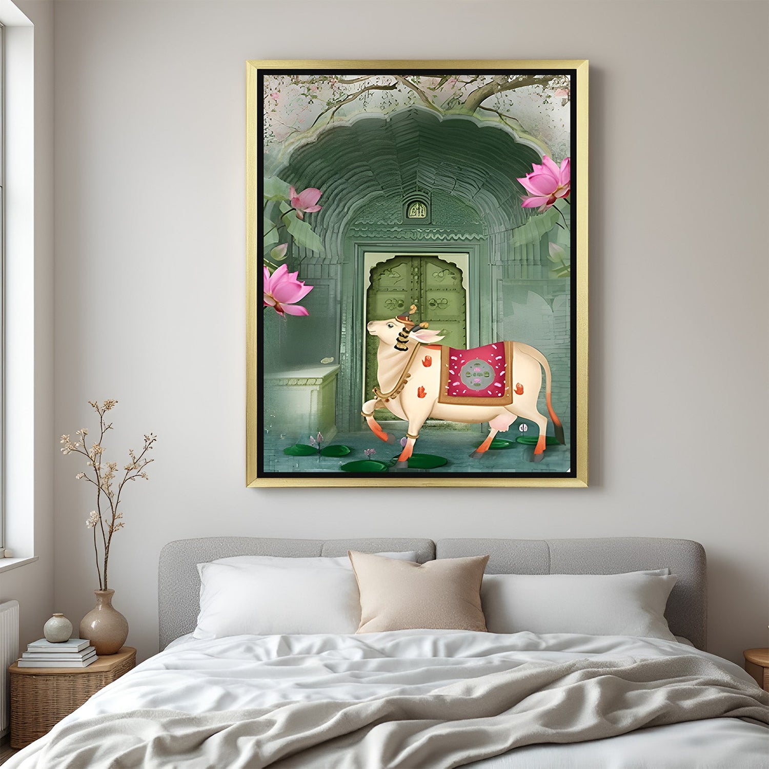 Golden floater frame cow Pichwai canvas for Vastu and office wall decoration