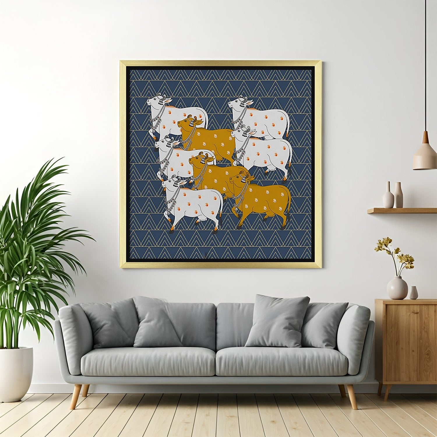 Golden frame Pichwai cow canvas painting – Indian ethnic wall art for peaceful and Vastu-inspired home and office spaces