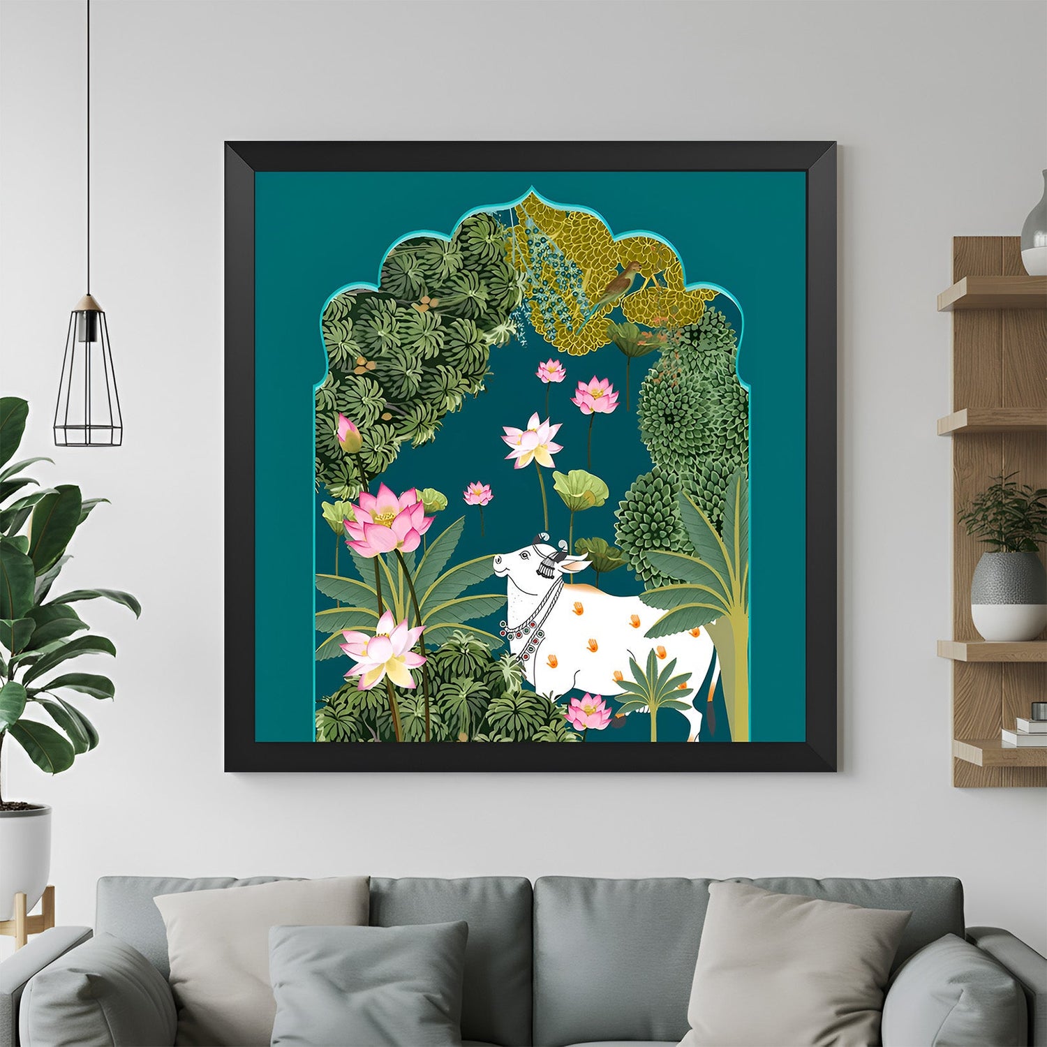 Traditional Pichwai Kamdhenu cow painting in black floater frame for Indian spiritual home and temple wall decoration