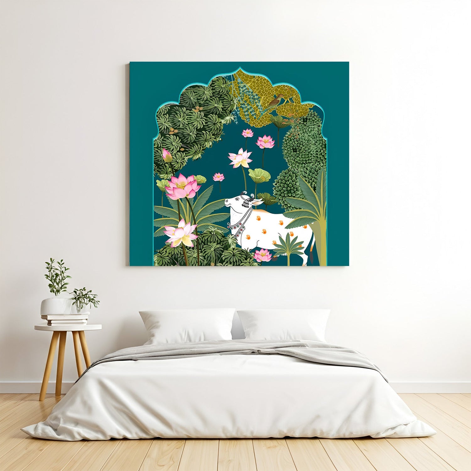 Indian Pichwai canvas painting of Kamdhenu cow surrounded by lotus flowers, perfect for Vastu and spiritual wall decor