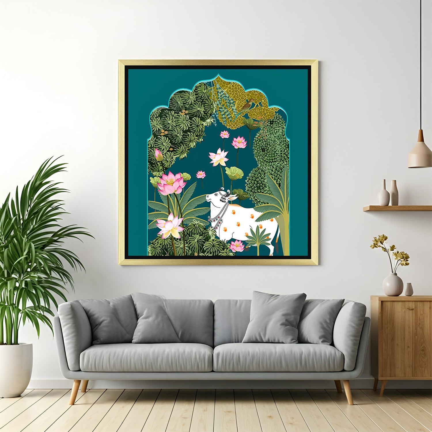 Golden floater frame Pichwai canvas wall art featuring Kamdhenu cow and lotus, ideal for Vastu and devotional interiors