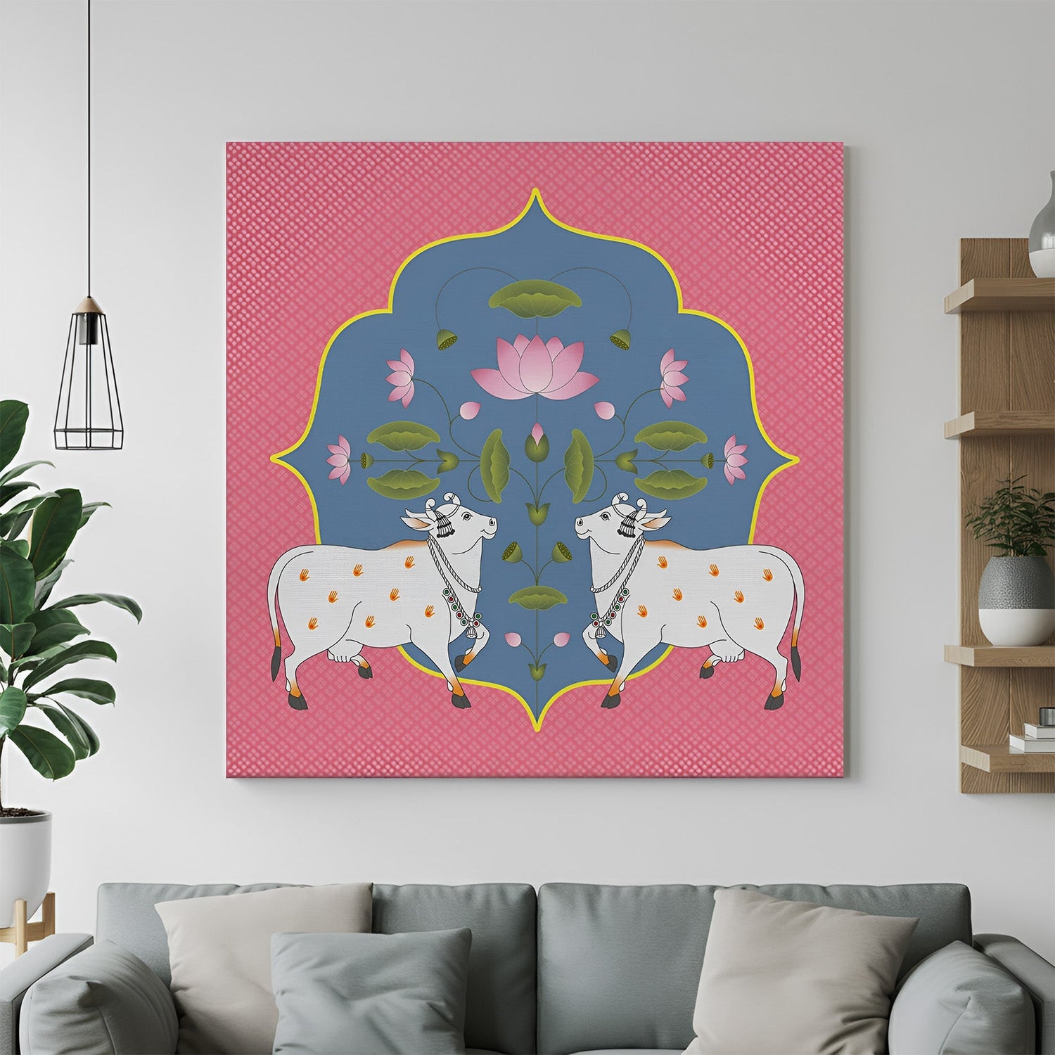 Pichwai cow pair canvas painting – traditional Indian art for devotional, sacred, and artistic wall decor