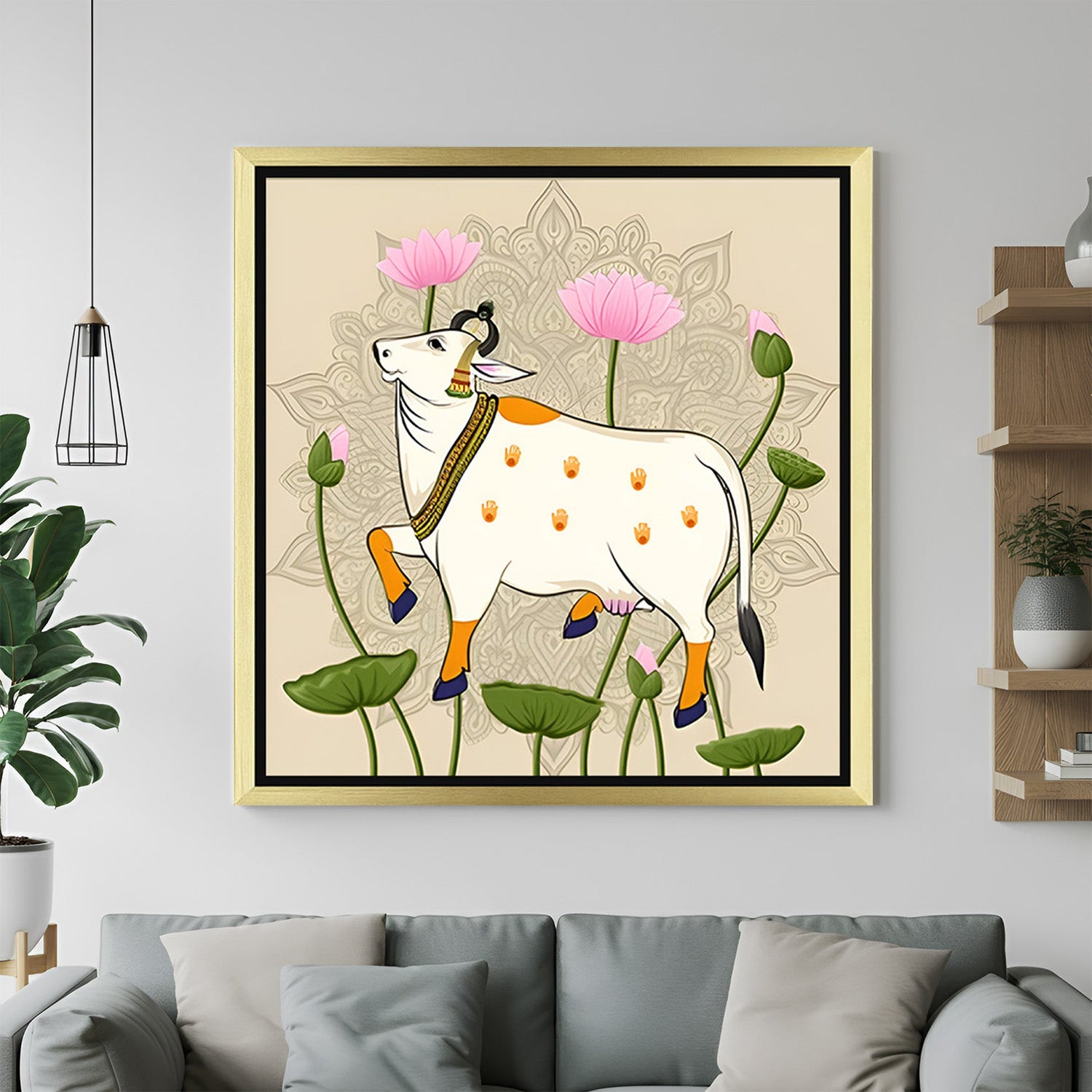 Golden floater frame Pichwai cow and lotus canvas wall decor for temple and heritage spaces
