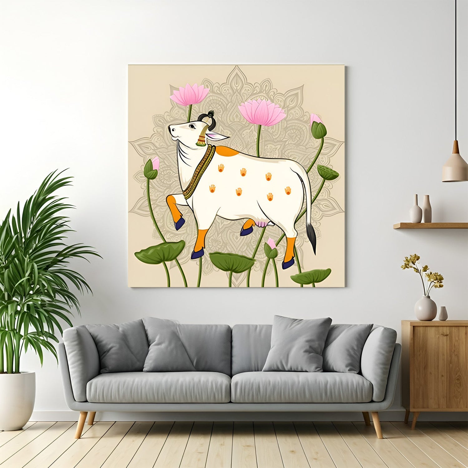Pichwai cow with lotus canvas wall painting for spiritual Indian ethnic home decor