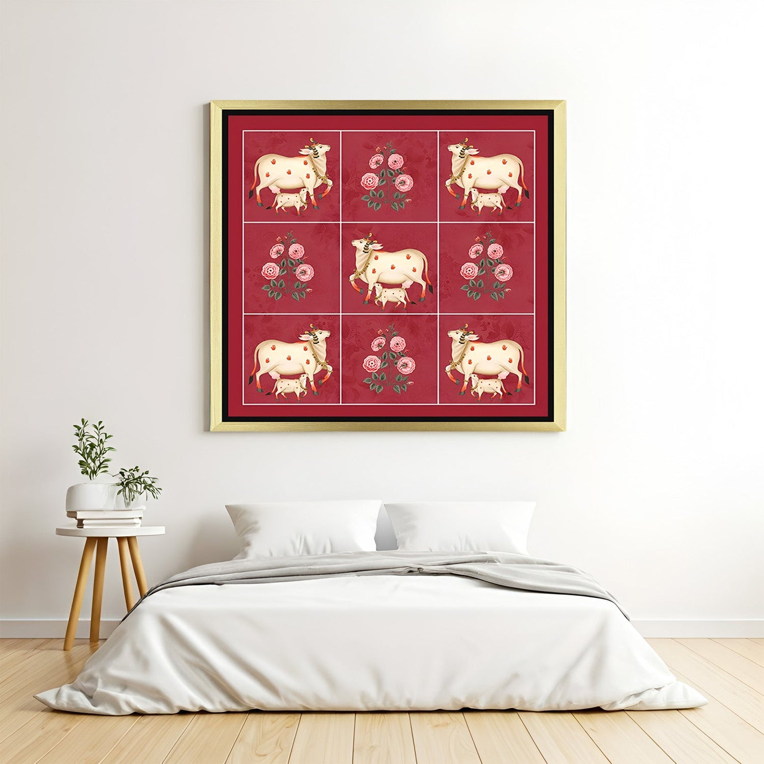 Golden floater frame canvas art of sacred cows with pink flowers for home and temple wall decor