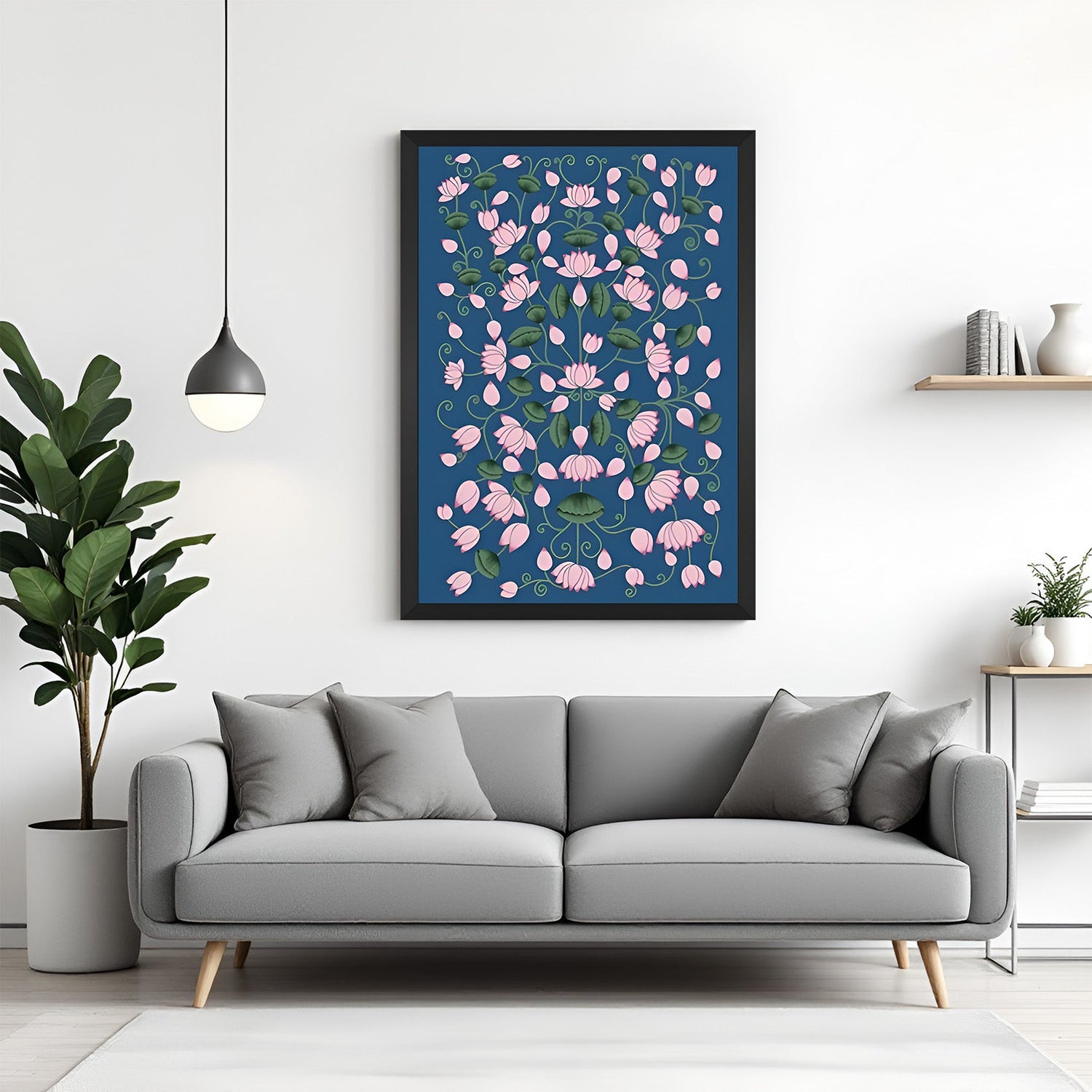 Pichwai floral painting in black floater frame for traditional and modern wall decor