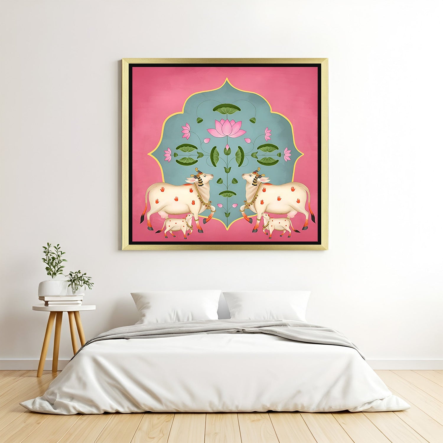 Golden Frame Two Cows with Calves Pichwai Canvas Painting for Traditional Decor