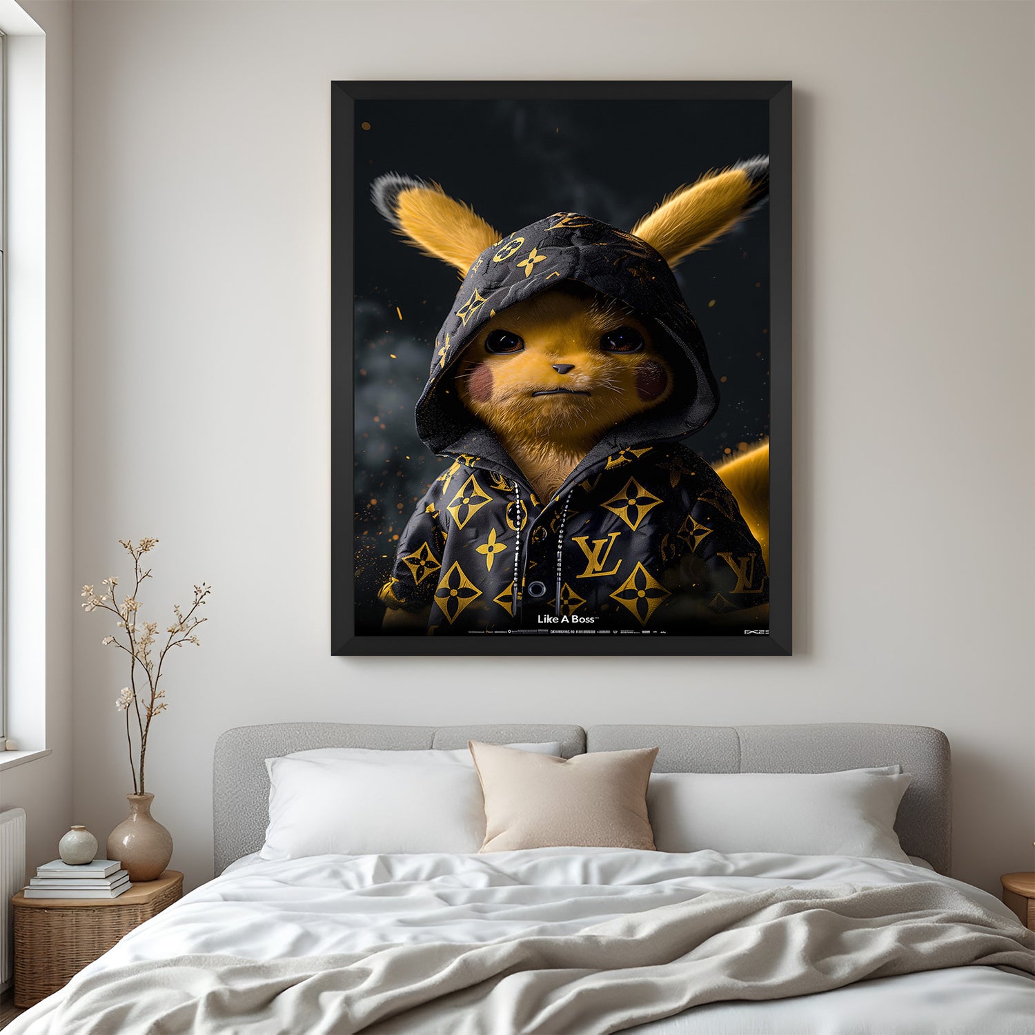 Black floater frame canvas of Pikachu in painted modern art style with anime-inspired bold strokes and abstract texture—perfect for game rooms and entertainment walls