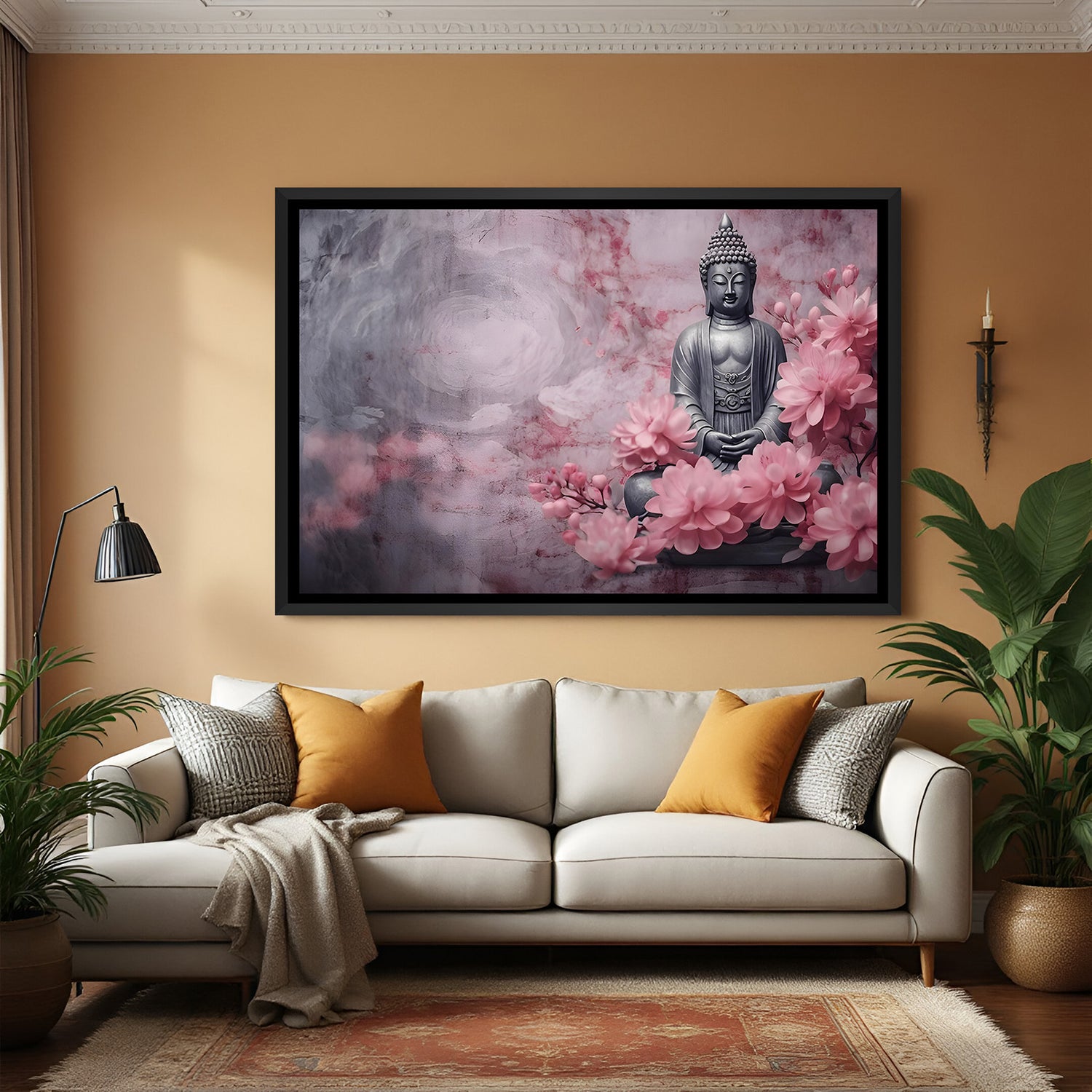 Pink Blossom Buddha spiritual canvas artwork in premium black floater frame