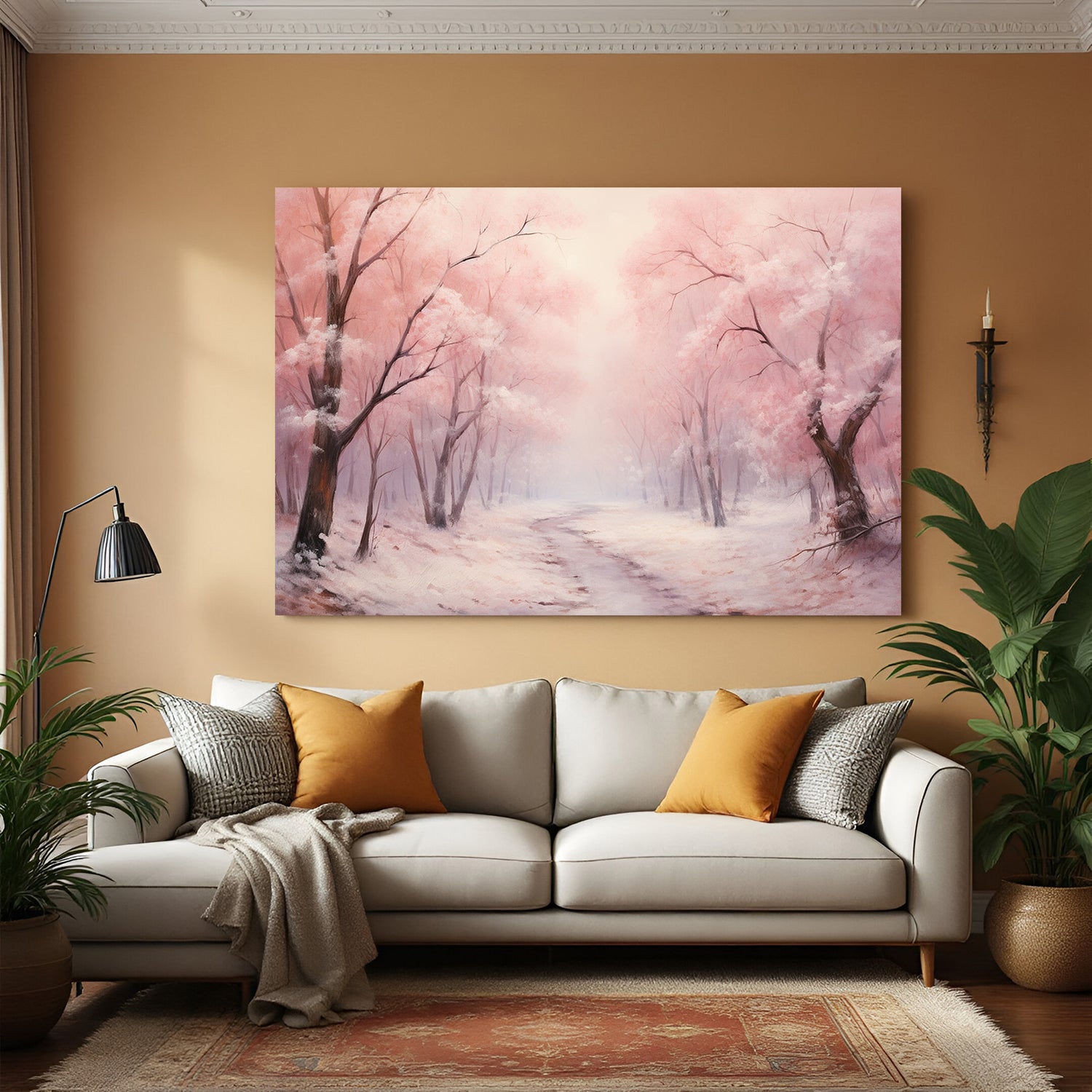 Vintage canvas art of trees with pink leaves in blossom—canvas printed wall art with ancient-style floral charm