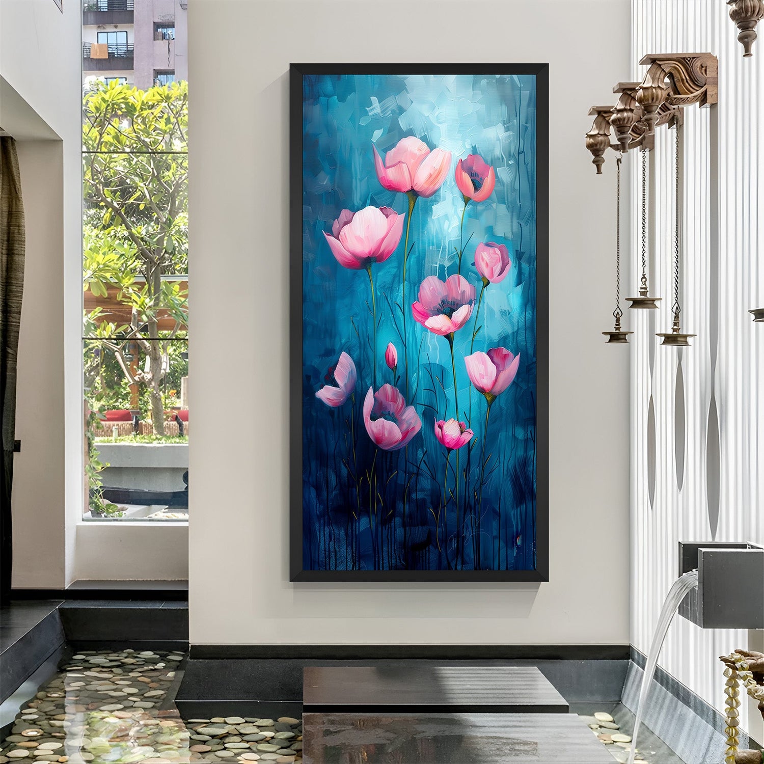 Framed canvas painting of pink flowers with black floater frame, ideal for stylish home or office wall decor