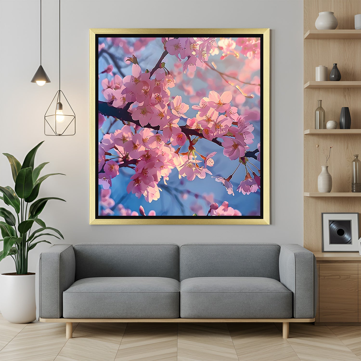 Golden-framed wall art featuring Japanese pink blossoms painted on a branch, designed for luxury floral-inspired decor