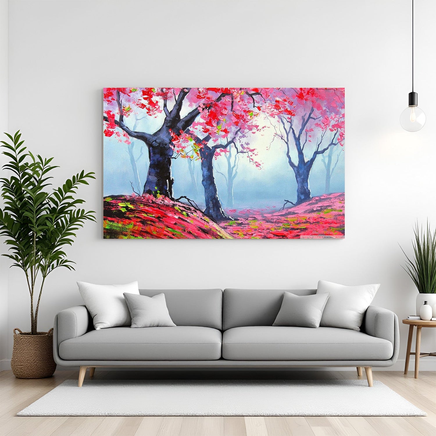Canvas print featuring pink flower trees and gentle hills, perfect for soft nature-inspired decor