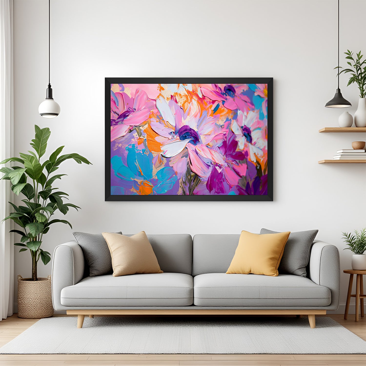 Framed canvas featuring a painted-style pink bloom with black floater frame, ideal for minimalist and graceful interiors