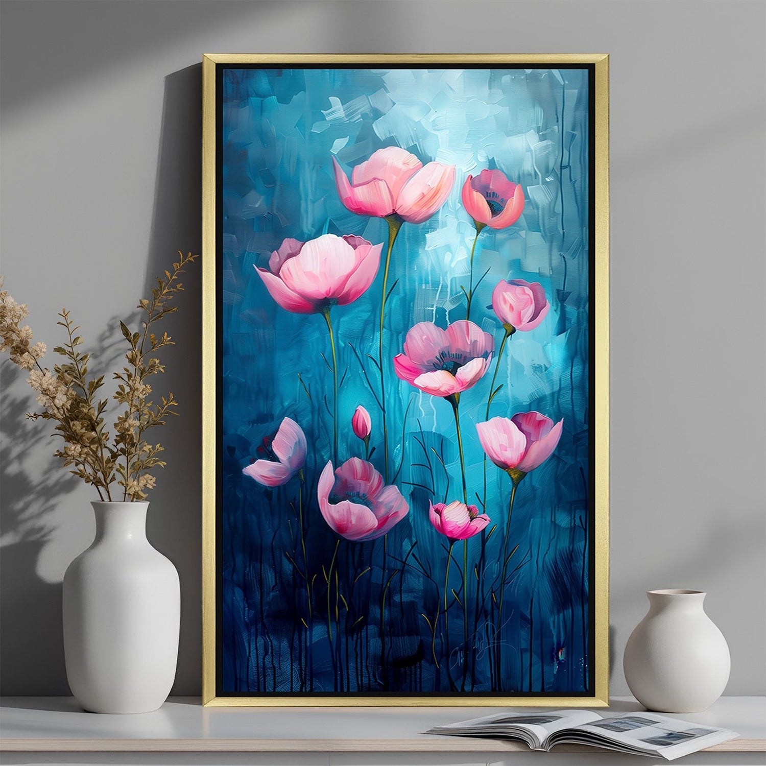Golden-framed wall art featuring pink painted flowers, designed for luxurious and nature-inspired modern interiors